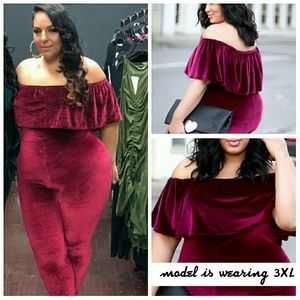 rebdolls Pants - Sexy Velvet Off Shoulder Ruffle Jumpsuit rebdolls Pants - Sexy Velvet Off Shoulder Ruffle Jumpsuit